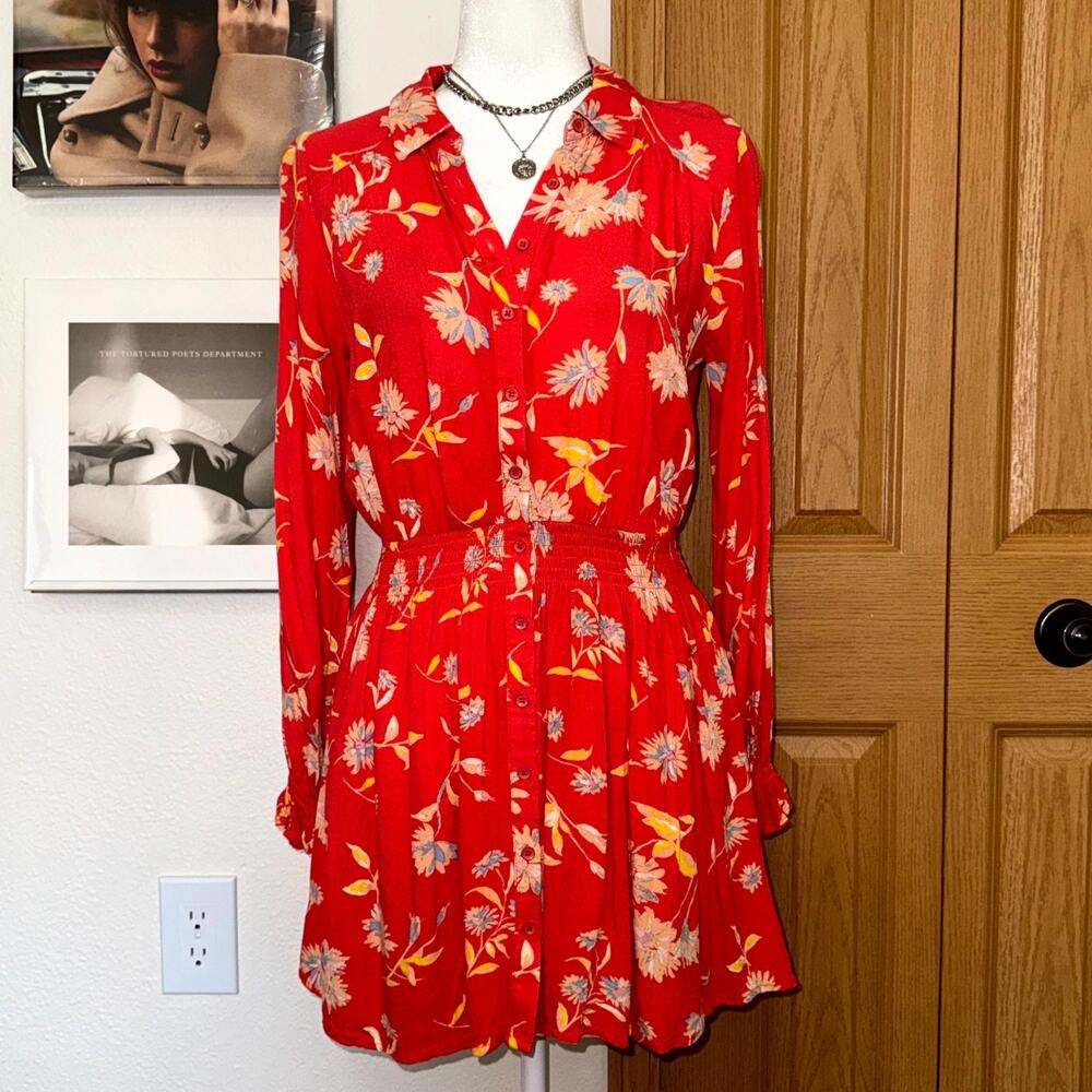 Free People Fit & Flare Mini Dress Womens XS‎ Red Floral Smock Waist Boho Casual